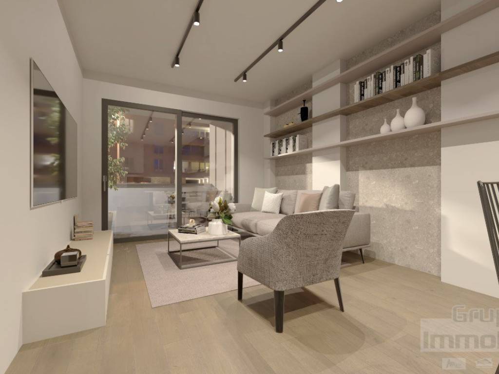 Soggiorno con angolo cottura, rendering appartamento tipo